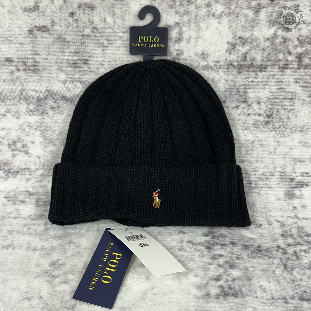NWT - Polo Ralph Lauren Adult Cuffed Beanie Winter Hat Black‎ Tan One Size - Picture 4 of 5